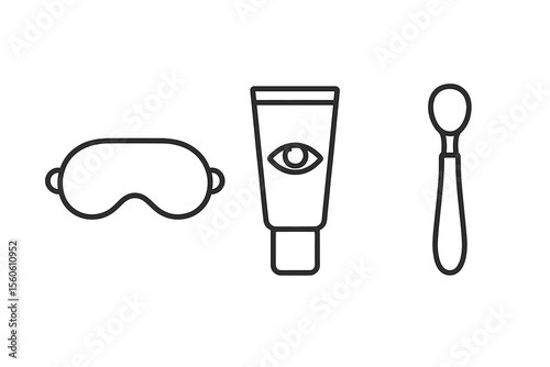 Skincare essentials: sleep mask, eye cream, face brush outline vector icon isolated illustration