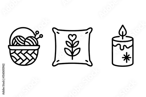 Knitting basket, floral pillow, and candle icons on dark background vector icon isolated illustration