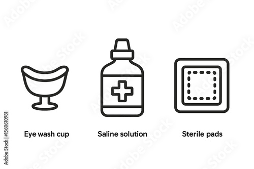 Eye wash cup, saline solution, sterile pads - essential eye care items vector icon isolated illustration