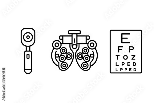 Ophthalmology equipment symbols - eye chart, retinoscope, phoropter vector icon isolated illustration