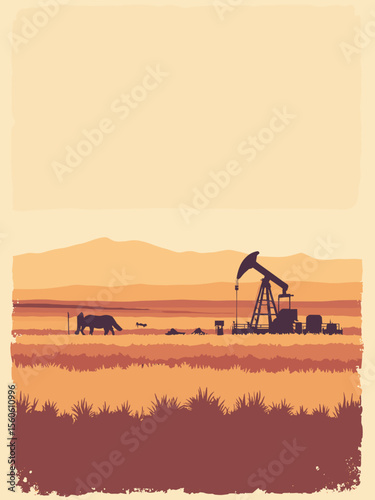 Bakersfield with oil fields, Buck Owens Crystal Palace, and farmland in brown, cream, amber, and deep red