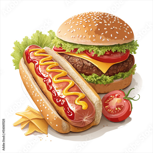 A vector, classic burger and hot dog combo illustration.