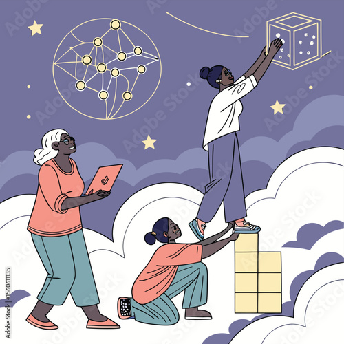 Three women collaborate to reach a glowing cube in a dreamy, star filled, cloudscape environment