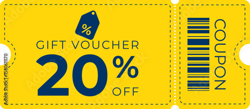 Bright yellow gift voucher offering 20% off with modern typography, barcode, and coupon tag. Ideal for sales, retail promotions, marketing, and e-commerce designs.