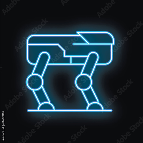 Blue neon sign representing a robot walking on four legs, on a black background
