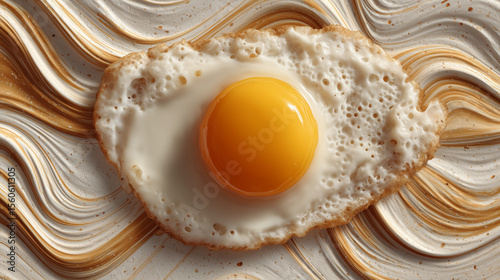 crispy fried egg on vintage floral fabric background – creative food styling concept ideal for breakfast menus, retro cooking blogs, or quirky kitchen wall art