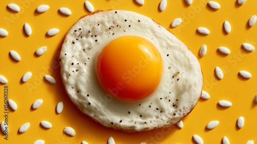 crispy fried egg on vintage floral fabric background – creative food styling concept ideal for breakfast menus, retro cooking blogs, or quirky kitchen wall art