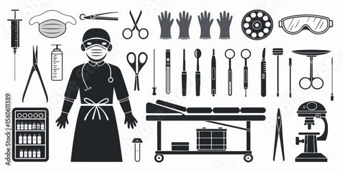 Surgical Tools Icon Set. Scalpel, forceps, surgical gloves, mask, gown, scissors, surgical lamp, operating table, and anesthesia machine