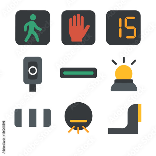 Pedestrian Crossing Icons. Flat icon set of pedestrian crossing signals: green man icon, red hand symbol, countdown timer display,