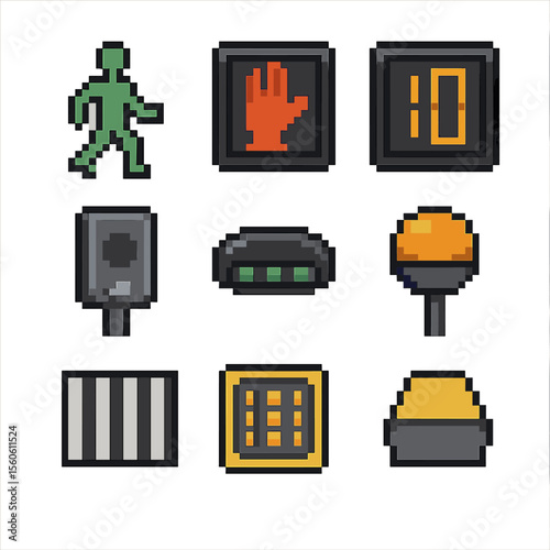 Pedestrian Signal Icons. Pixel art icon set of pedestrian crossing signals: green man icon, red hand symbol, countdown timer