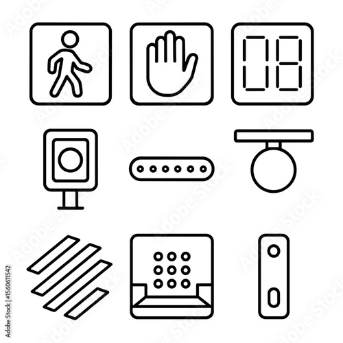 Pedestrian Signal Icons. Outline icon set of pedestrian crossing signals: green man icon, red hand symbol, countdown timer display