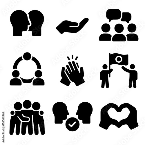 Peer Support Icons. Solid, filled icon set of peer support and connection: two heads talking, support hand, group chat, team
