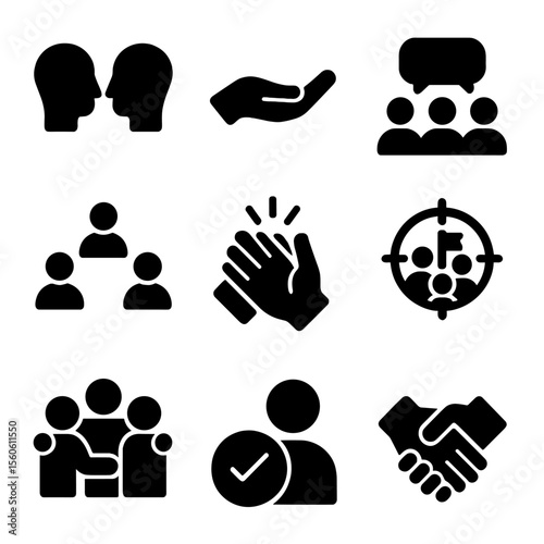 Peer Support Icons. Solid, filled icon set of peer support and connection: two heads talking, support hand, group chat, team