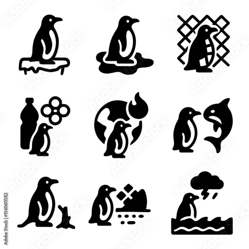 Penguin Challenges Icons. Solid, filled icon set of penguin environmental challenges: melting ice, oil spill, fishing net, plastic