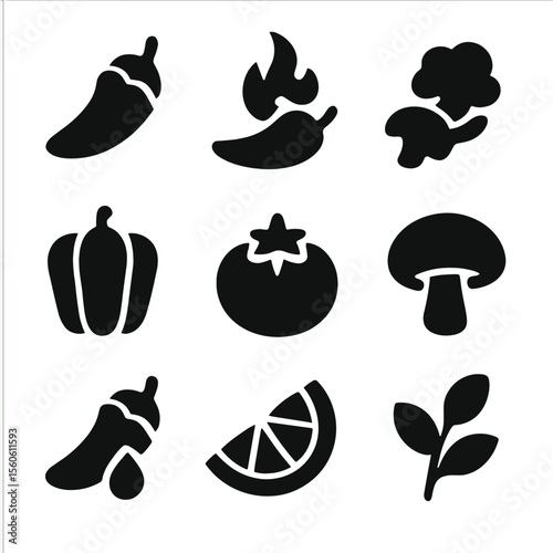 Pepper Flavor Icons. Solid, filled icon set of pepper flavor profiles: sweet, spicy, smoky, bitter, tangy, earthy, pungent,