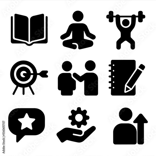 Personal Growth Icons. Solid, filled icon set of personal development: reading book, meditation, exercise, goal setting, coaching,