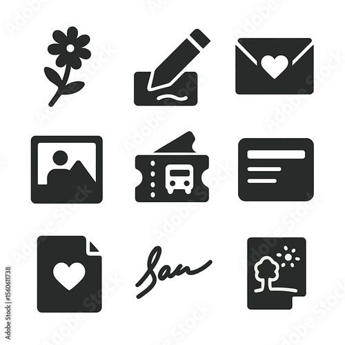 Personal Relics Icons. Solid, filled icon set of personal relics and book memories: pressed flower, pencil note, love letter, old