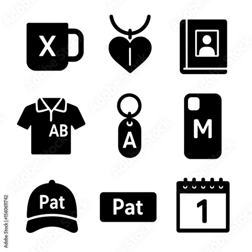 Personalized Gifts Icons. Solid, filled icon set of personalized gifts: custom mug, engraved necklace, photo album, monogrammed