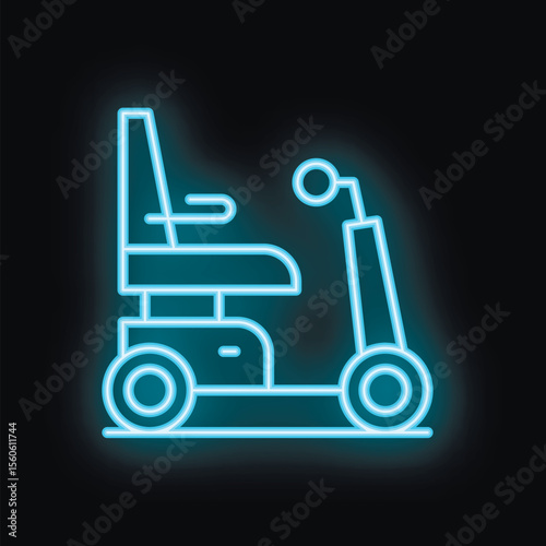 Blue neon sign representing a modern electric wheelchair, evoking mobility assistance for people with disabilities