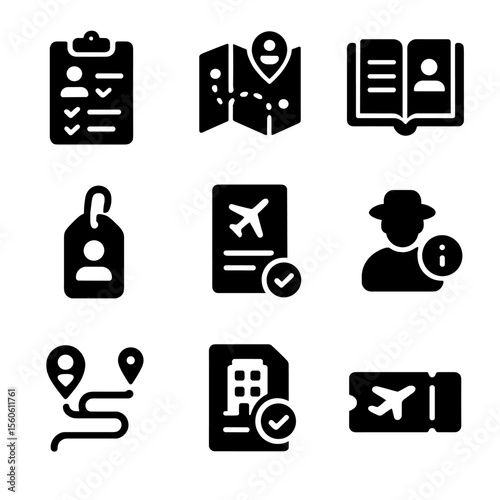 Personalized Travel Icons. Solid, filled icon set of personalized travel: itinerary planner, custom map, travel diary, luggage tag