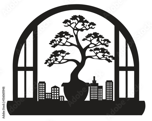 City skyline at night with silhouette of urban buildings and tree vector illustration
