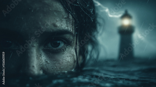 dramatic cinematic scene of a woman in stormy ocean with lighthouse and lightning — perfect for thriller book covers, movie posters, or survival-themed storytelling visuals