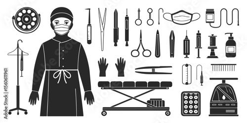 Scalpel, forceps, surgical gloves, mask, gown, scissors, surgical lamp, operating table, and anesthesia machine. Flat vector with clean lines.