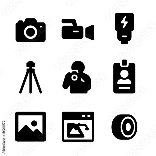 Photography Icon Set. Solid, filled icon set of photography and media: camera, video camera, flash, tripod, photographer, press