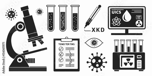 Vector icons of microscope, test tubes, blood test, urine sample, swab, x-ray sheet, ultrasound, CT scan, and ECG machine. Designed for clean health visuals
