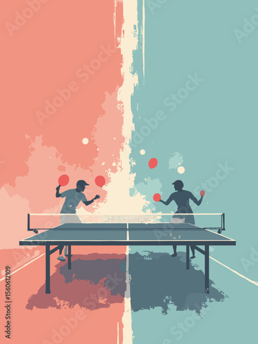Table tennis match with rapid motion blur lines and paddles clashing over net in coral, cyan, white, and slate gray