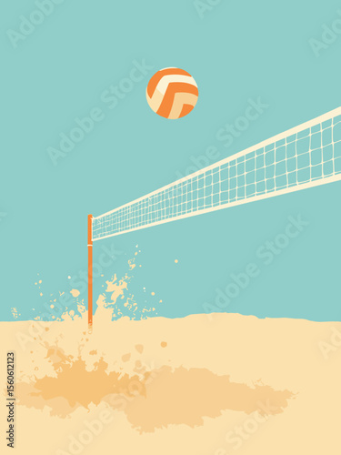 Beach volleyball spike captured mid-air with net and sand detail in aqua blue, sandy yellow, tangerine, and white