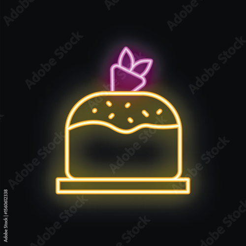 Neon sign of a carrot cake with purple neon carrot on top, perfect for restaurant advertising or culinary projects