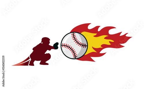 olorful illustration featuring a baseball catcher and a flaming ball. Perfect for sports-related designs, this image symbolizes energy, motion, and competitive spirit.
