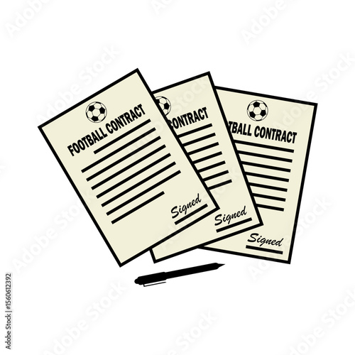Illustration depicting multiple signed football contract documents alongside a pen symbolizing agreements, sports deals, and legal documentation related to football teams or athletes.