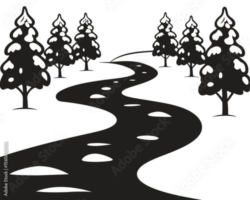 Forest road with snowy winter trees and festive holiday decorations
