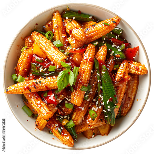 Delicious baby corn stir fry with sesame seeds and green onions isolated on transparent background