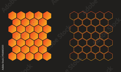 Two honeycomb patterns, one in orange gradient and one in black with orange outline, isolated on black background
