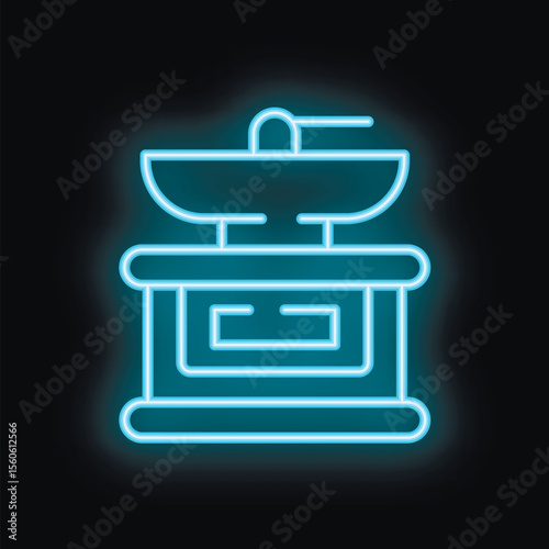 Blue neon sign of a manual coffee grinder glowing on a black background