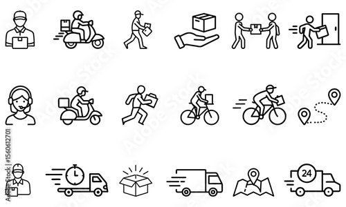 A set of delivery service icons isolated on white background, illustrating various transportation methods and support