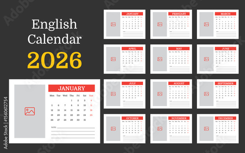 Printable English Table Calendar 2026 Monthly Planner with Photo Placeholder
