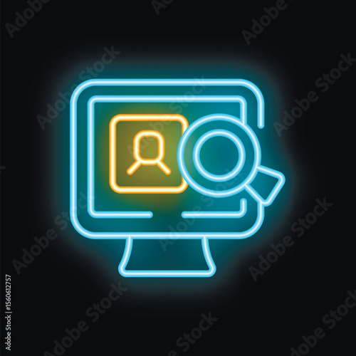 Neon icon of a magnifying glass inspecting a user profile on a computer screen, representing online research and data analysis
