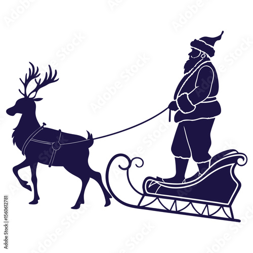 Vintage Santa Claus Silhouette Reindeer Sleigh Ride Illustration