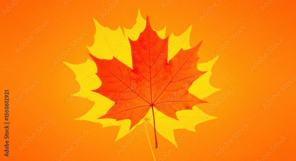 Fototapeta premium Vibrant Red Maple Leaf with Yellow Outline on an Orange Gradient Background