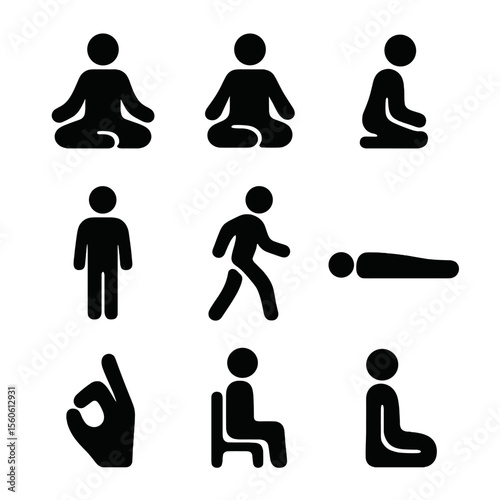 Physical Postures Icons. Solid, filled icon set of physical postures: lotus pose, seated cross-legged, kneeling, standing, walking