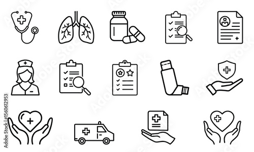 A comprehensive set of healthcare icons, including medical tools and symbols