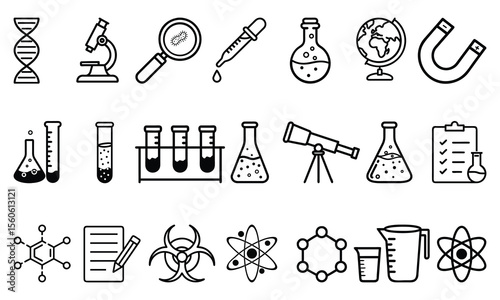 A comprehensive set of science icons includes various laboratory equipment and symbols