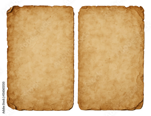 Vintage paper pages of old parchment with ragged rough edges and aged texture. Blank worn pages of old manuscript or antique book
