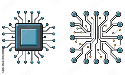 Two detailed illustrations of a microchip and circuit board showcase modern technology