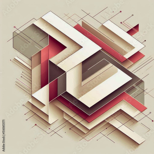 Abstract 3D geometric shapes in red, beige, and gray on a light background with copy space
