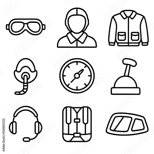 Pilot Gear Icons. Outline icon set of pilot and flight gear: aviator goggles, leather helmet, flight jacket, oxygen mask,